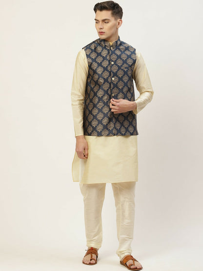 Men’s Navy Blue & Gold Printed Nehru Jacket – Elegant Festive & Wedding Wear | Indiaista