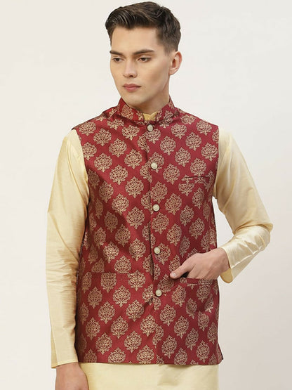 Buy Men’s Maroon Woven Design Nehru Jacket Online – Stylish & Elegant | Indiaista