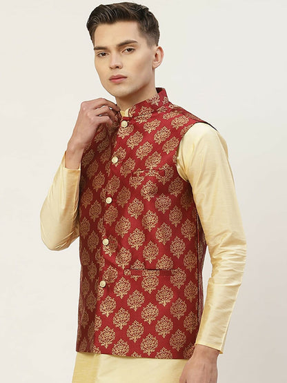 Buy Men’s Maroon Woven Design Nehru Jacket Online – Stylish & Elegant | Indiaista