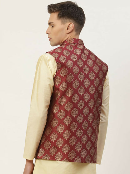 Buy Men’s Maroon Woven Design Nehru Jacket Online – Stylish & Elegant | Indiaista