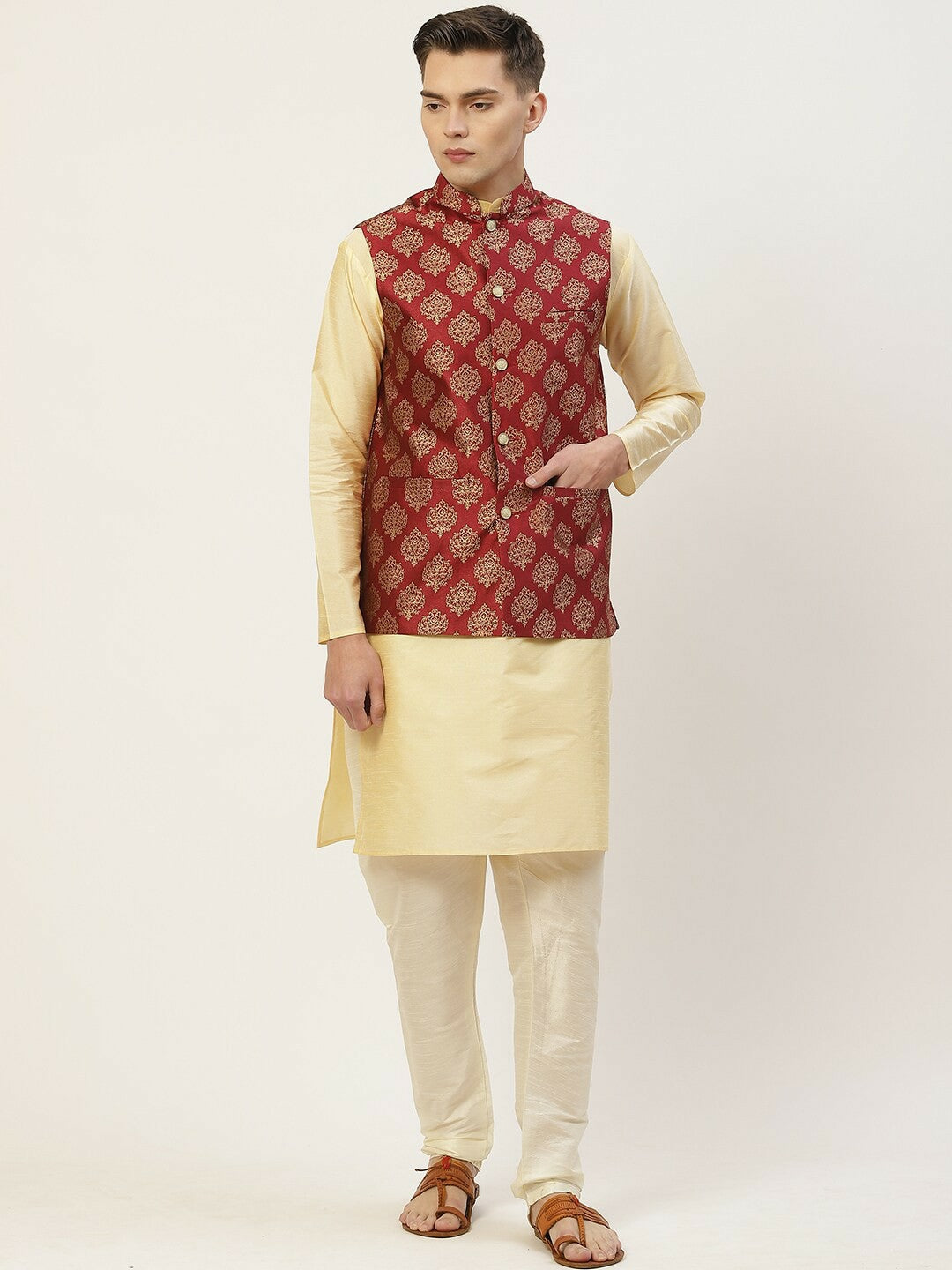 Buy Men’s Maroon Woven Design Nehru Jacket Online – Stylish & Elegant | Indiaista