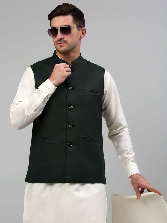 Buy Olive Green Silk Cotton Nehru Jacket for Men – Stylish & Elegant | Indiaista