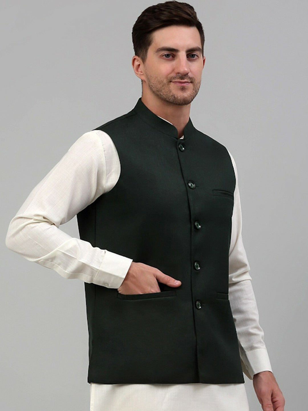 Buy Olive Green Silk Cotton Nehru Jacket for Men – Stylish & Elegant | Indiaista