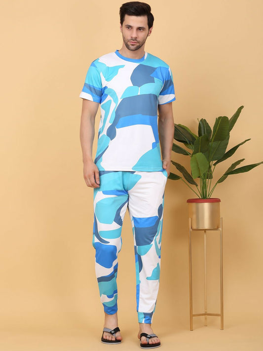 Blue & White Abstract Printed Round Neck Night Suit for Men – Stylish & Comfortable Sleepwear