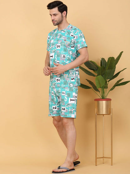 Men's Blue & White Graphic Printed Round Neck T-Shirt & Shorts Night Suit – Comfortable & Stylish Sleepwear