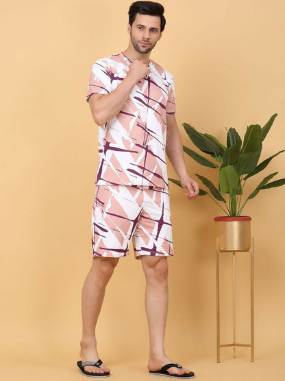 Men's White & Pink Abstract Printed T-Shirt & Shorts Night Suit – Comfortable & Stylish Sleepwear | Indiaista