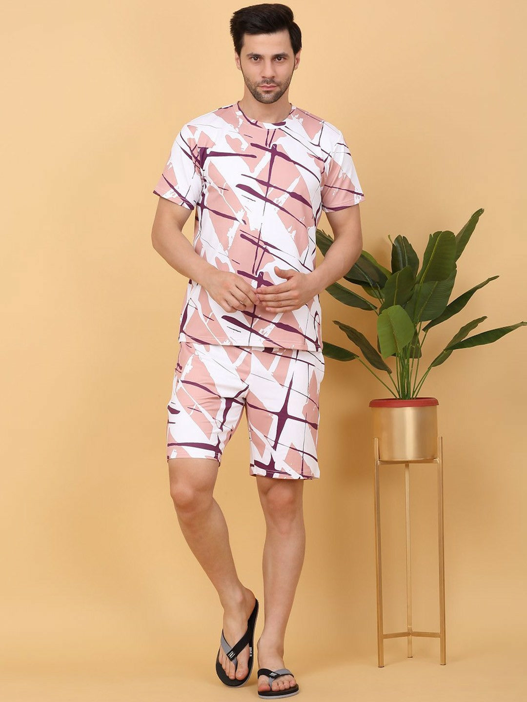 Men's White & Pink Abstract Printed T-Shirt & Shorts Night Suit – Comfortable & Stylish Sleepwear | Indiaista