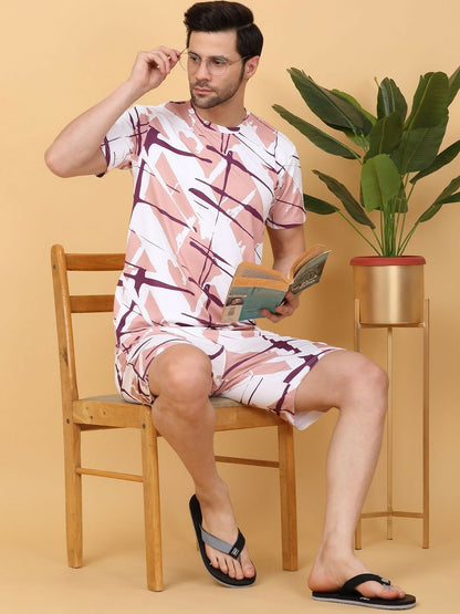 Men's White & Pink Abstract Printed T-Shirt & Shorts Night Suit – Comfortable & Stylish Sleepwear | Indiaista