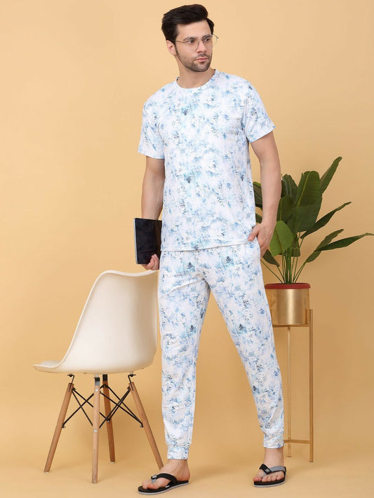 White & Blue Abstract Printed Round Neck Night Suit for Men - Comfortable & Stylish | Indiaista