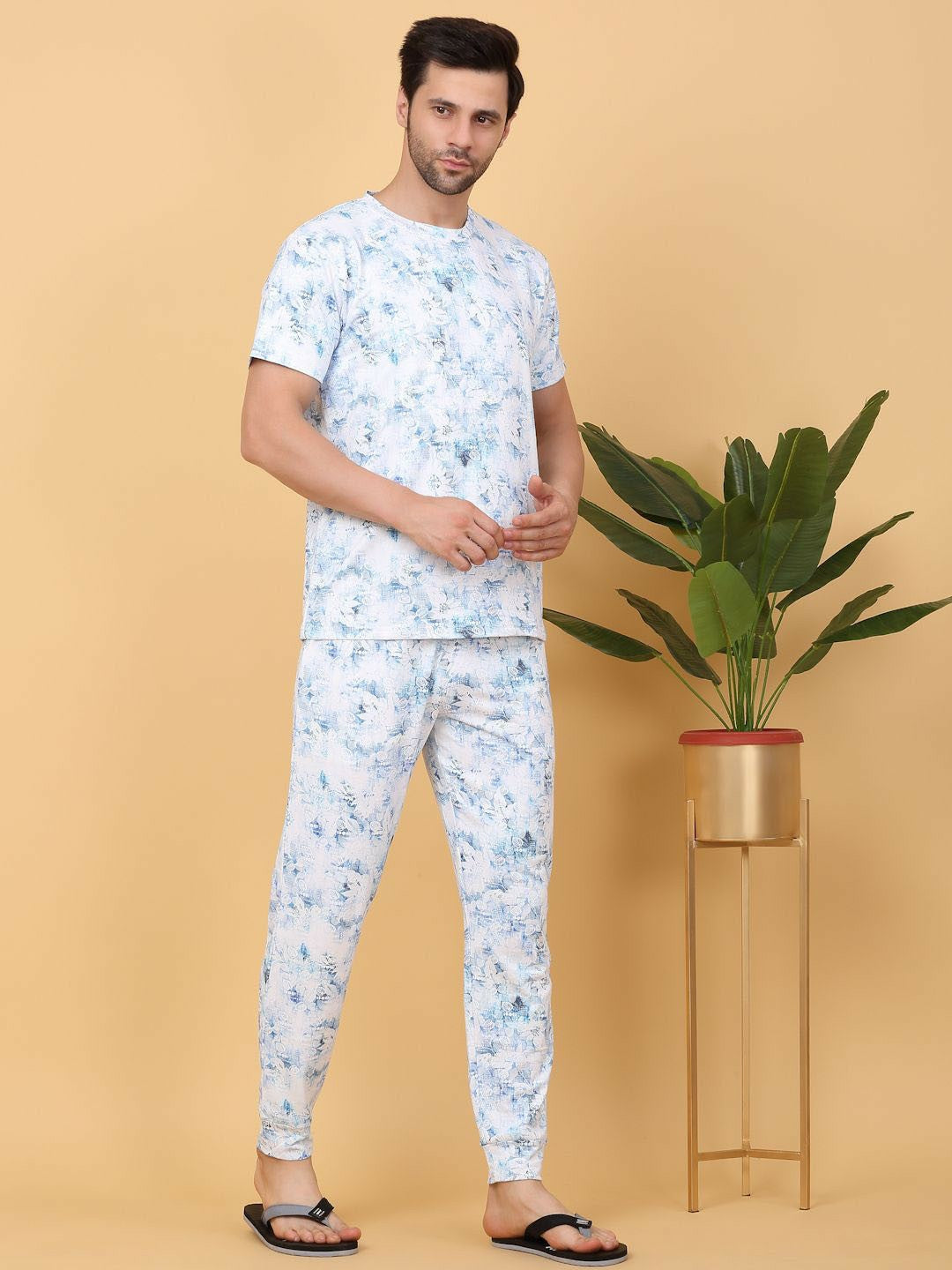 White & Blue Abstract Printed Round Neck Night Suit for Men - Comfortable & Stylish | Indiaista