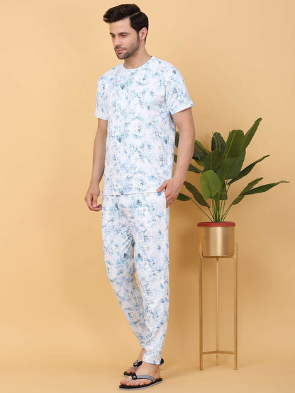 White & Blue Abstract Printed Round Neck Night Suit for Men - Comfortable & Stylish | Indiaista