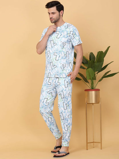 Buy White & Blue Typography Printed Round Neck Night Suit for Men – Comfortable T-shirt & Pyjamas Set