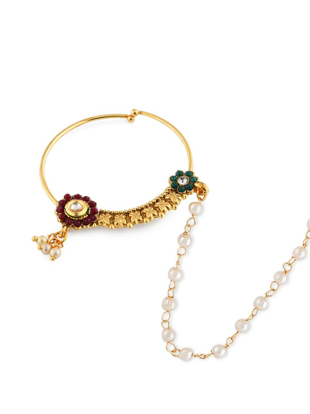 Buy Off-White & Red Gold-Plated Stone-Studded Beaded Nose Ring with Chain | Indiaista