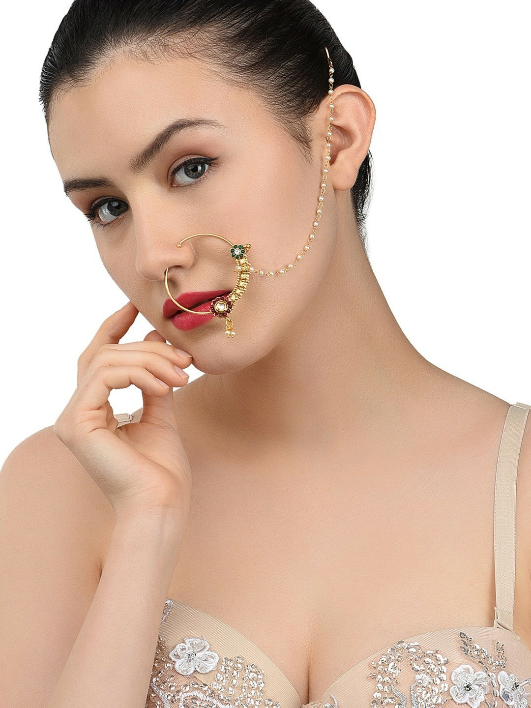 Buy Off-White & Red Gold-Plated Stone-Studded Beaded Nose Ring with Chain | Indiaista