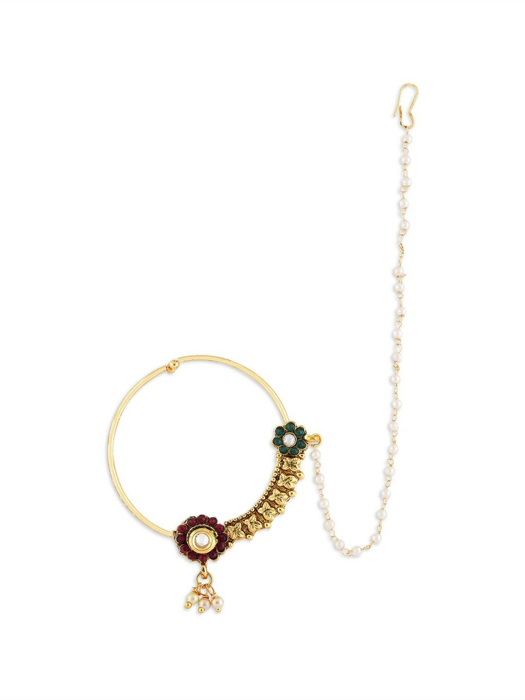 Buy Off-White & Red Gold-Plated Stone-Studded Beaded Nose Ring with Chain | Indiaista