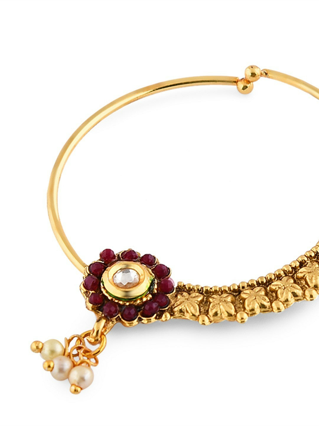 Buy Off-White & Red Gold-Plated Stone-Studded Beaded Nose Ring with Chain | Indiaista