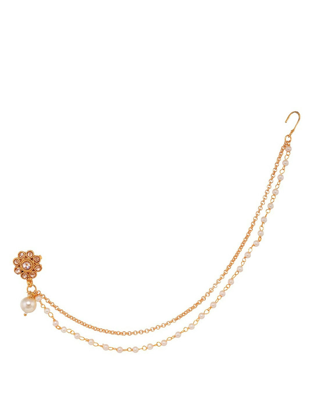 Gold-Plated White Kundan & Pearl Beaded Enamelled Nose Pin with Chain | Indiaista