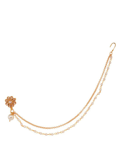 Gold-Plated White Kundan & Pearl Beaded Enamelled Nose Pin with Chain | Indiaista