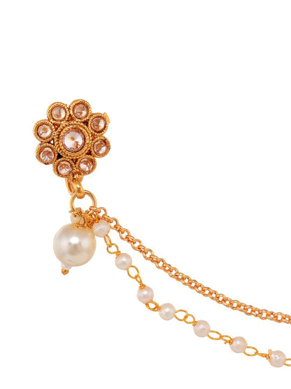 Gold-Plated White Kundan & Pearl Beaded Enamelled Nose Pin with Chain | Indiaista