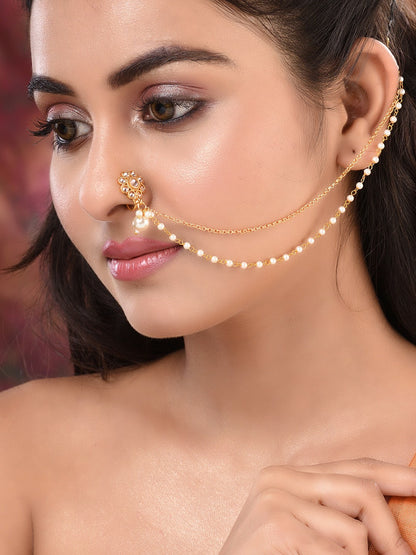 Gold-Plated White Kundan & Pearl Beaded Enamelled Nose Pin with Chain | Indiaista