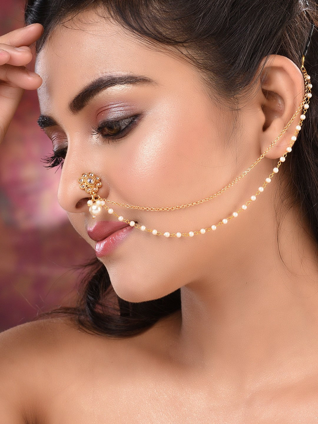 Gold-Plated White Kundan & Pearl Beaded Enamelled Nose Pin with Chain | Indiaista