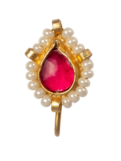 Gold-Plated Leaf-Shaped Nose Pin with Pink Kundan & Pearls - Clip-On Closure