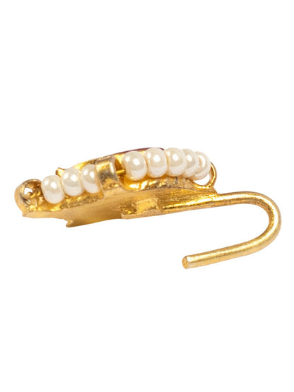 Gold-Plated Leaf-Shaped Nose Pin with Pink Kundan & Pearls - Clip-On Closure