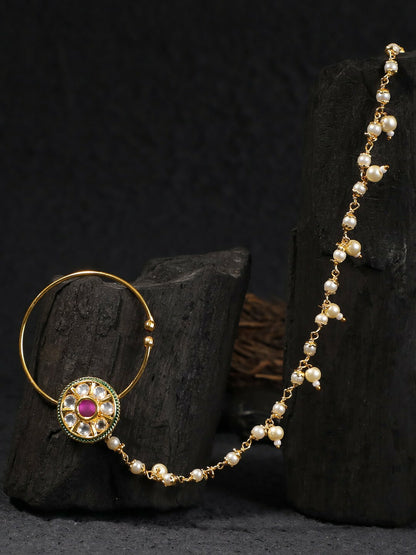 24 CT Gold-Plated Kundan Stone-Studded & Beaded Chained Nose Ring with Clip-On Closure