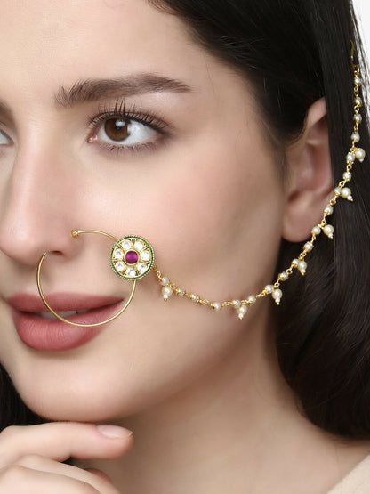 24 CT Gold-Plated Kundan Stone-Studded & Beaded Chained Nose Ring with Clip-On Closure