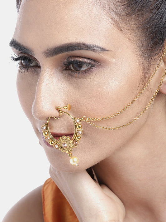 Off-White Gold-Plated CZ-Studded Nose Ring with Synthetic Pearl Beads & Dual-Stranded Chain