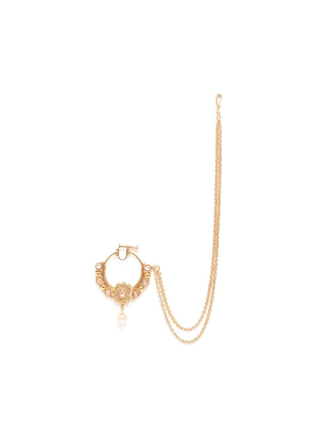 Off-White Gold-Plated CZ-Studded Nose Ring with Synthetic Pearl Beads & Dual-Stranded Chain