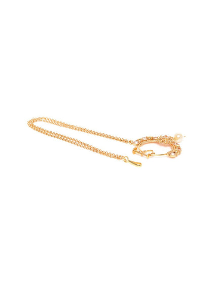 Off-White Gold-Plated CZ-Studded Nose Ring with Synthetic Pearl Beads & Dual-Stranded Chain