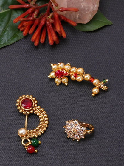 Set of 3 Vilandi Gold-Plated Nose Pins – CZ-Studded & Maharashtrian Nath