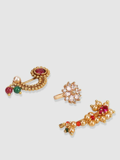 Set of 3 Vilandi Gold-Plated Nose Pins – CZ-Studded & Maharashtrian Nath