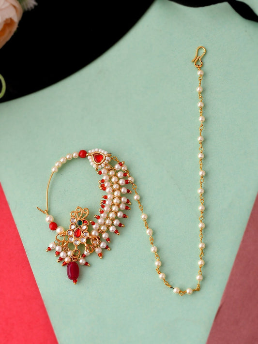 Gold-Plated Meenakari Nose Ring with Red Stones & Pearl Beads