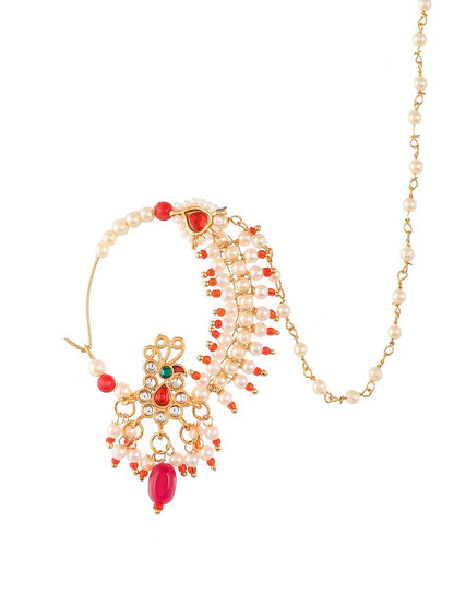 Gold-Plated Meenakari Nose Ring with Red Stones & Pearl Beads