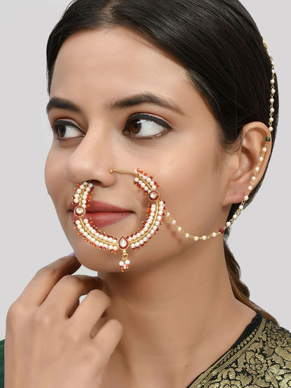 Elegant Gold-Plated Pearl & Kundan Bridal Nose Pin with Chain