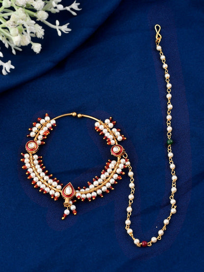 Elegant Gold-Plated Pearl & Kundan Bridal Nose Pin with Chain