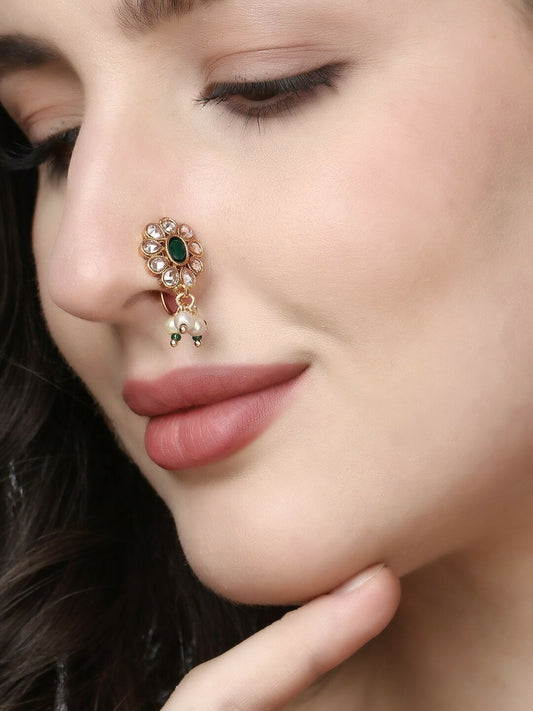 Buy Gold-Plated Green Stone-Studded Nose Pin Online – Clip-On Closure | Indiaista