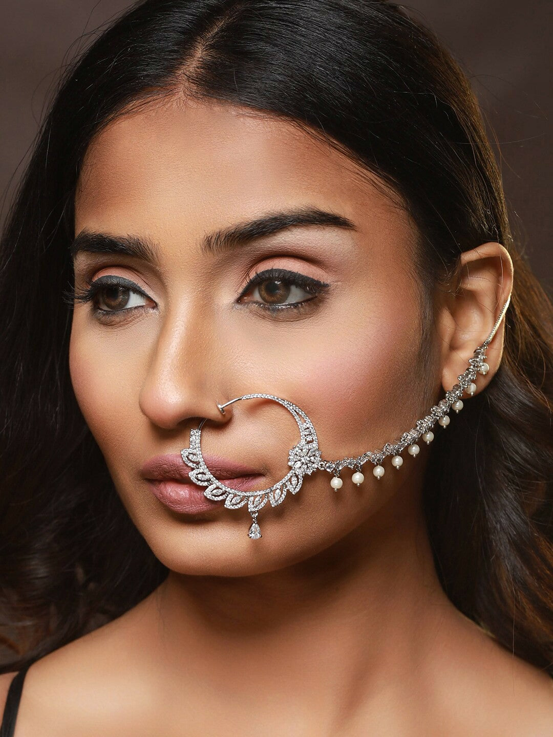 Buy Silver-Plated AD-Studded Chained Nose Pin with Pearl Drop – Indiaista