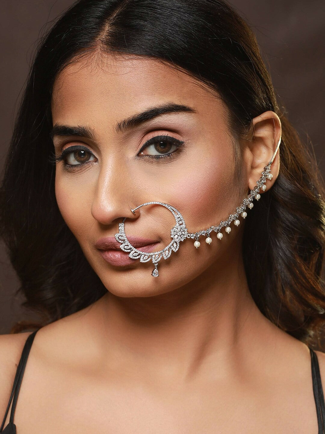 Buy Silver-Plated AD-Studded Chained Nose Pin with Pearl Drop – Indiaista