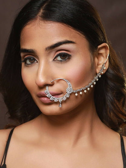 Buy Silver-Plated AD-Studded Chained Nose Pin with Pearl Drop – Indiaista