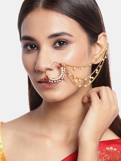 Magenta & Off-White Gold-Plated Kundan Studded Beaded Nose Ring with Chain | Clip-On & Hook Closure