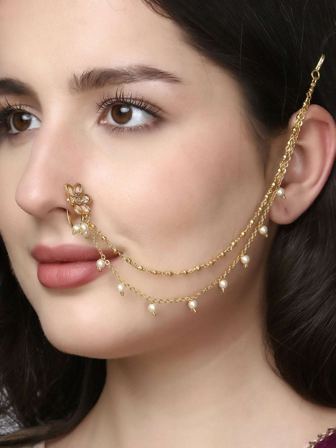 Buy Women Gold-Plated Stone-Studded Flower Chained Nose Ring Online – Indiaista