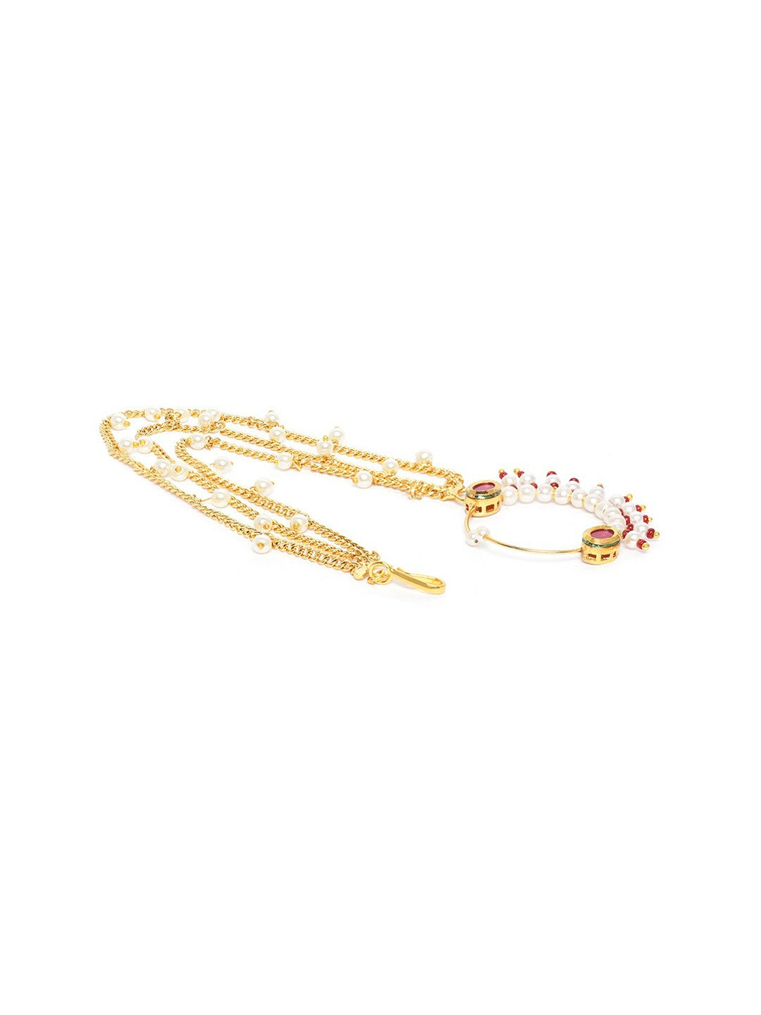 Magenta & Off-White Gold-Plated Kundan Studded Beaded Nose Ring with Chain | Clip-On & Hook Closure