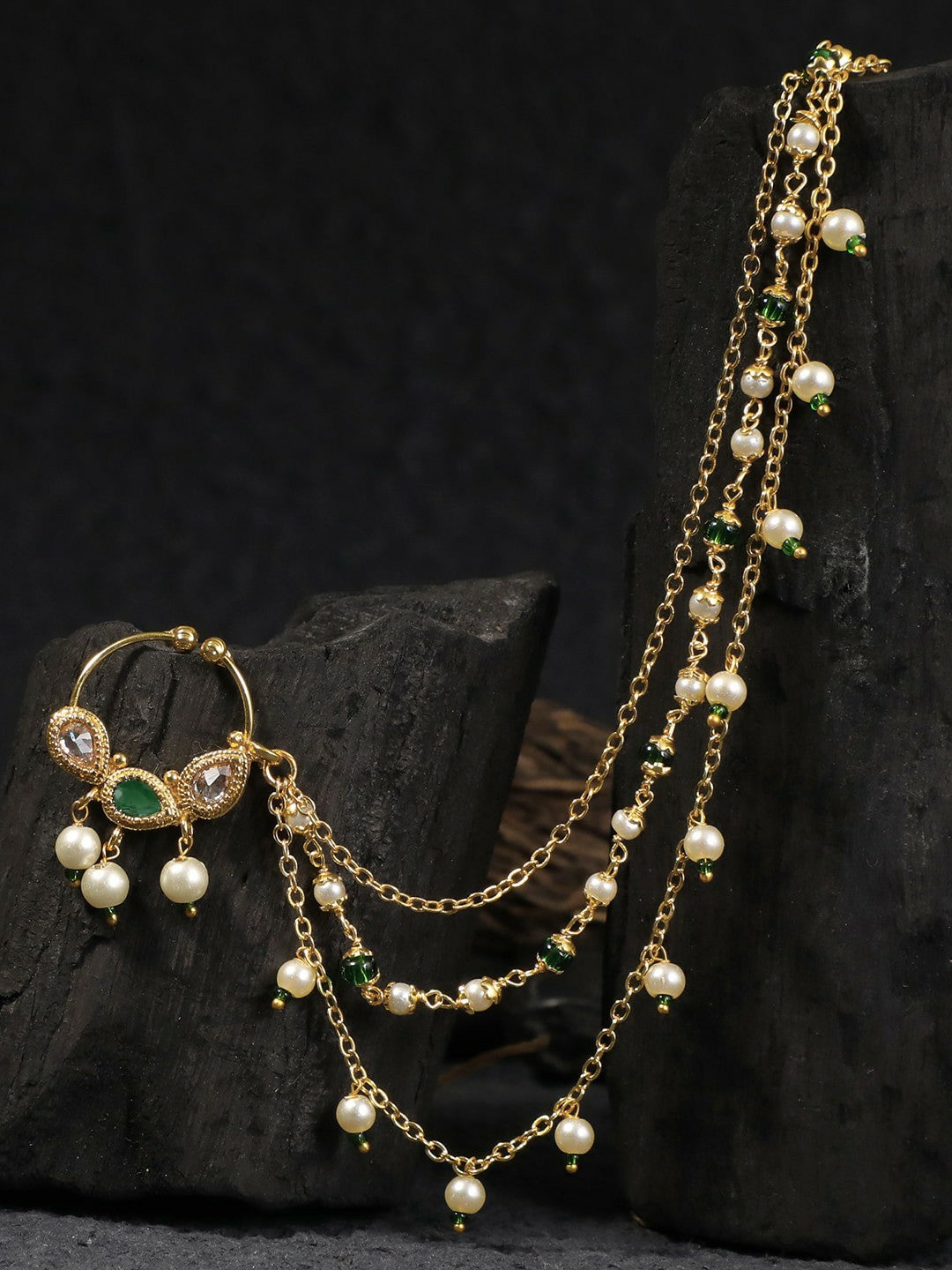 Buy Gold-Plated Green Stone-Studded & Beaded Chained Nose Ring Online – Indiaista