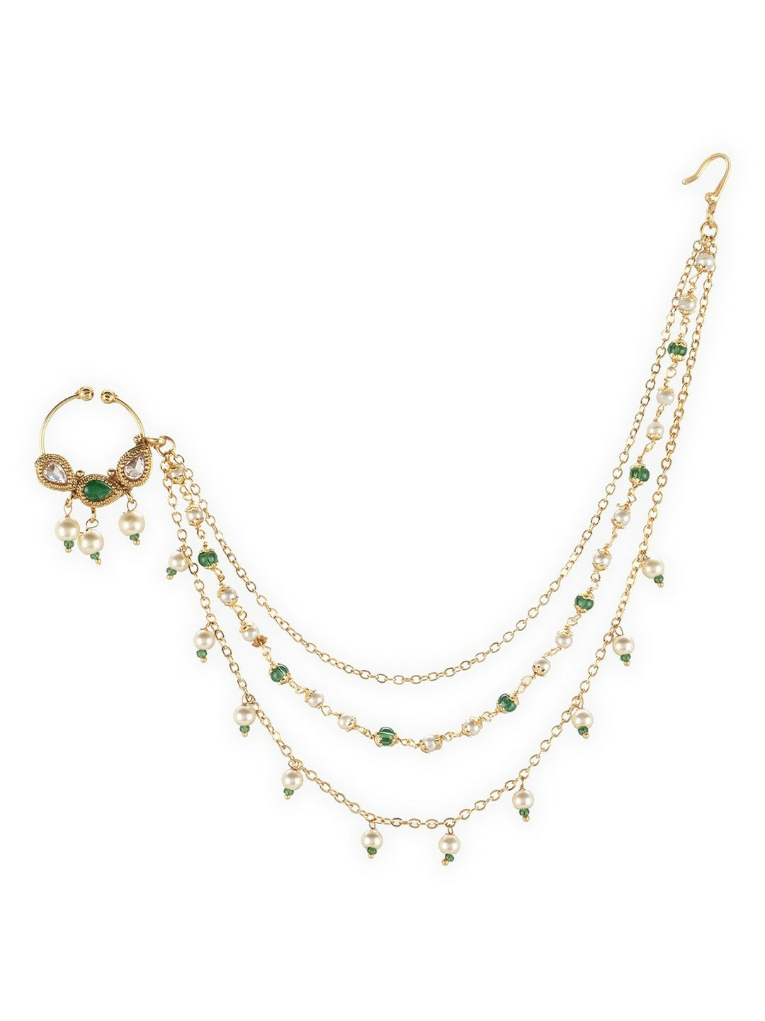 Buy Gold-Plated Green Stone-Studded & Beaded Chained Nose Ring Online – Indiaista