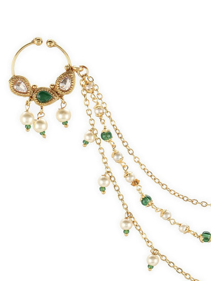 Buy Gold-Plated Green Stone-Studded & Beaded Chained Nose Ring Online – Indiaista