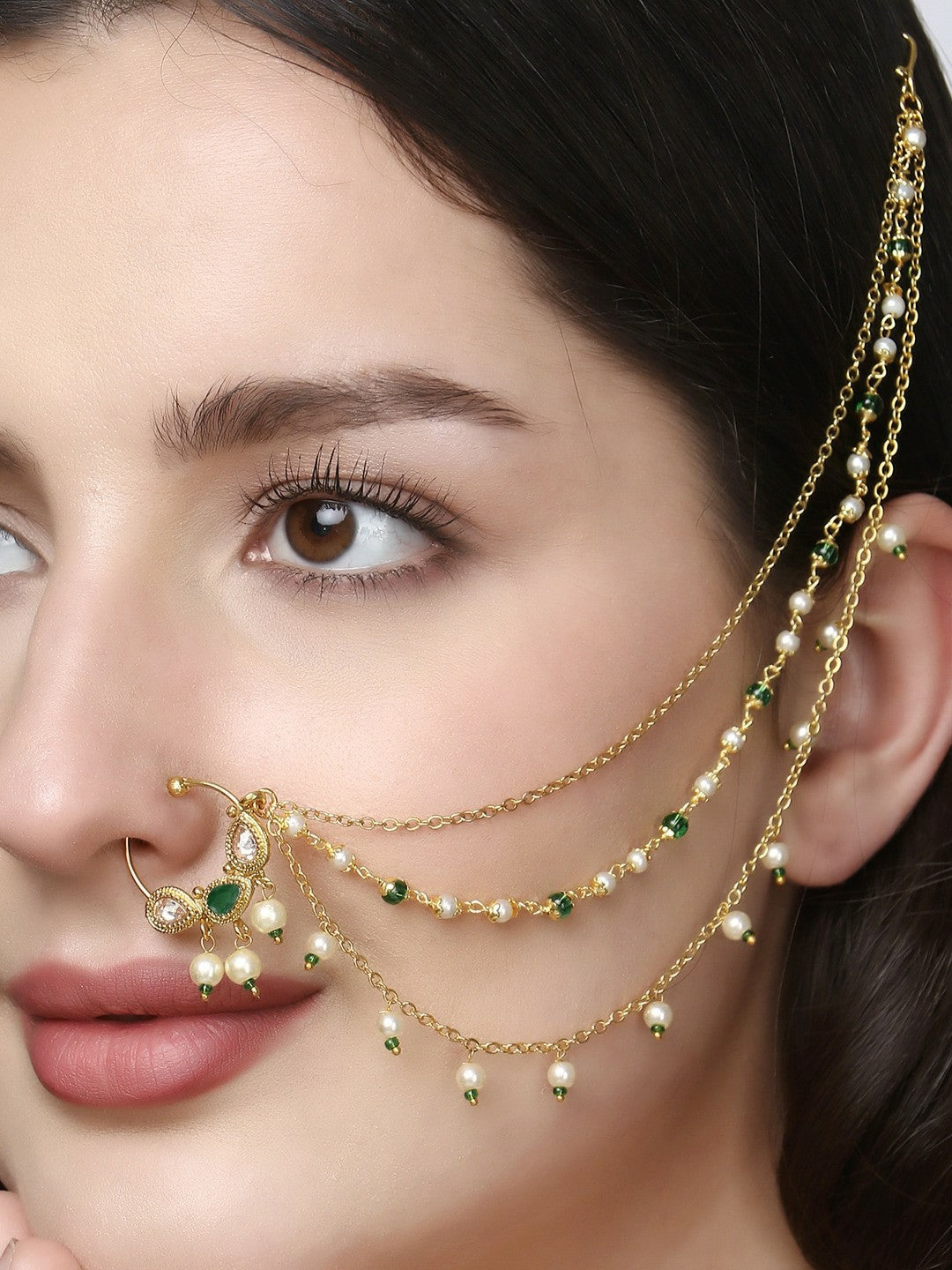 Buy Gold-Plated Green Stone-Studded & Beaded Chained Nose Ring Online – Indiaista