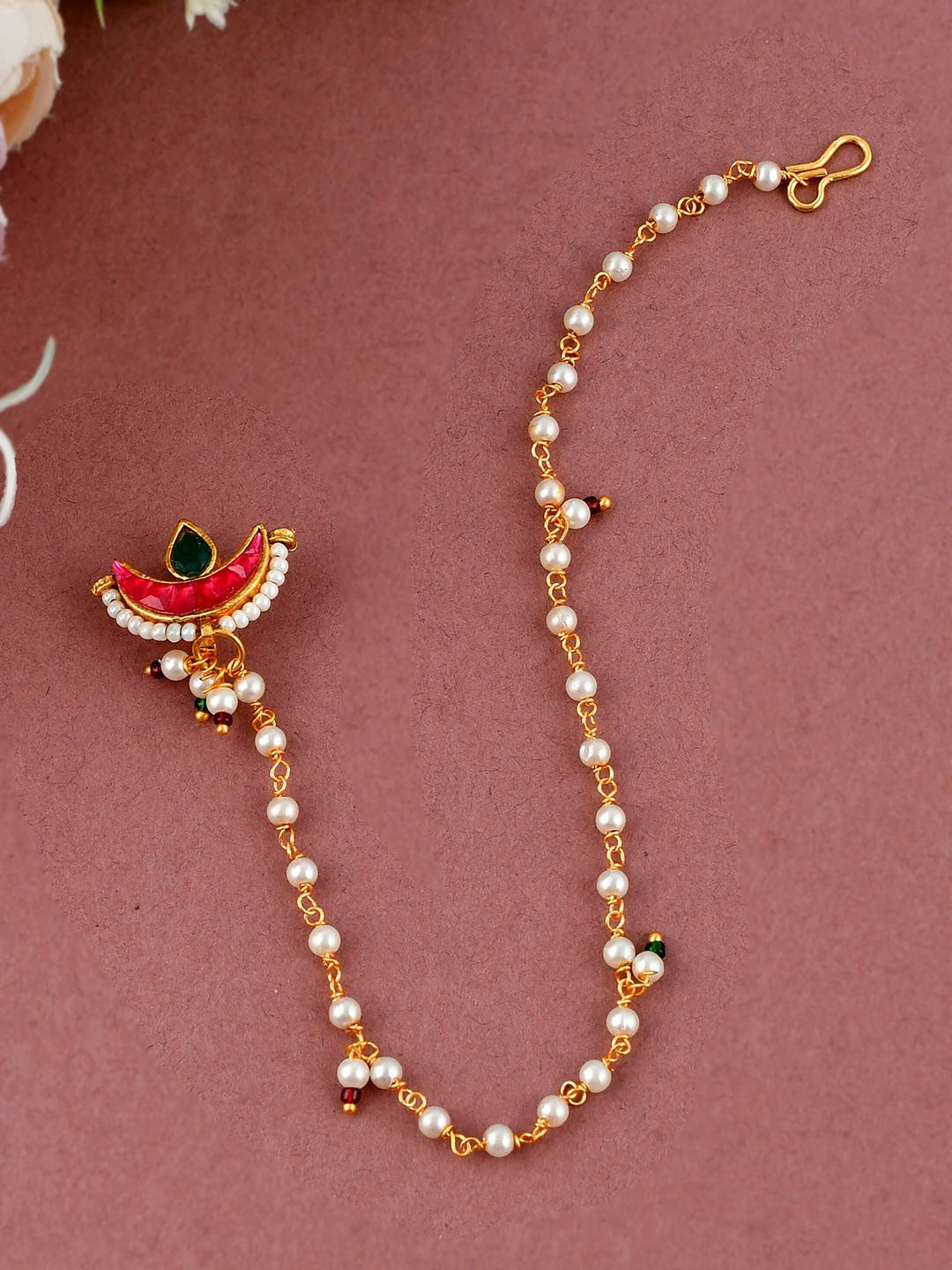 Buy Gold-Plated Meenakari Chained Nose Ring with Kundan & Pearl Online – Indiaista